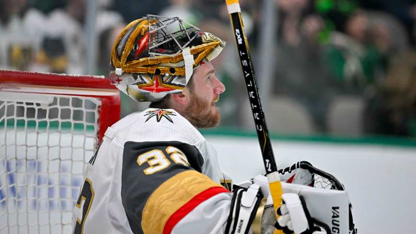 Vegas Golden Knights goaltender Jonathan Quick (32, New York Rangers) during the game between the Dallas Stars and the Vegas Golden Knights at American Airlines Center