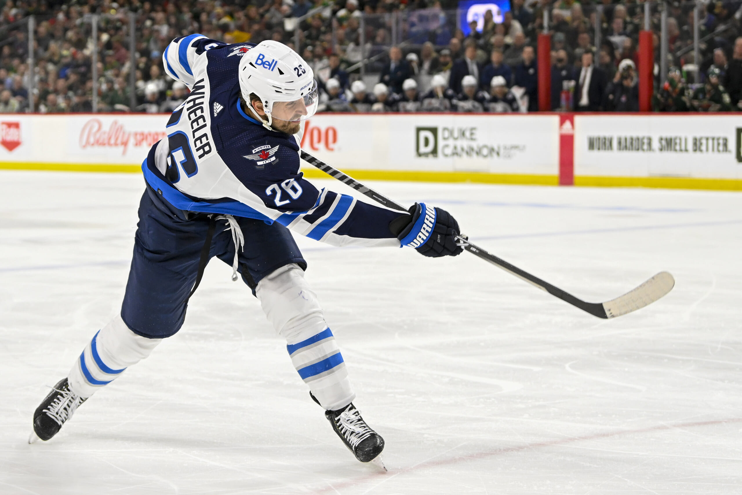 Winnipeg Jets forward Blake Wheeler (26) takes a shot on goal against the Minnesota Wild. New York Rangers, Rangers, NYR