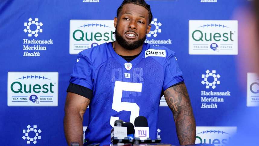 New York Giants defensive end Kayvon Thibodeaux (5) talks to reporters after the organized team activities (OTA's) at the Giants training center