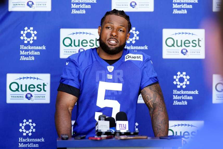 New York Giants defensive end Kayvon Thibodeaux (5) talks to reporters after the organized team activities (OTA's) at the Giants training center