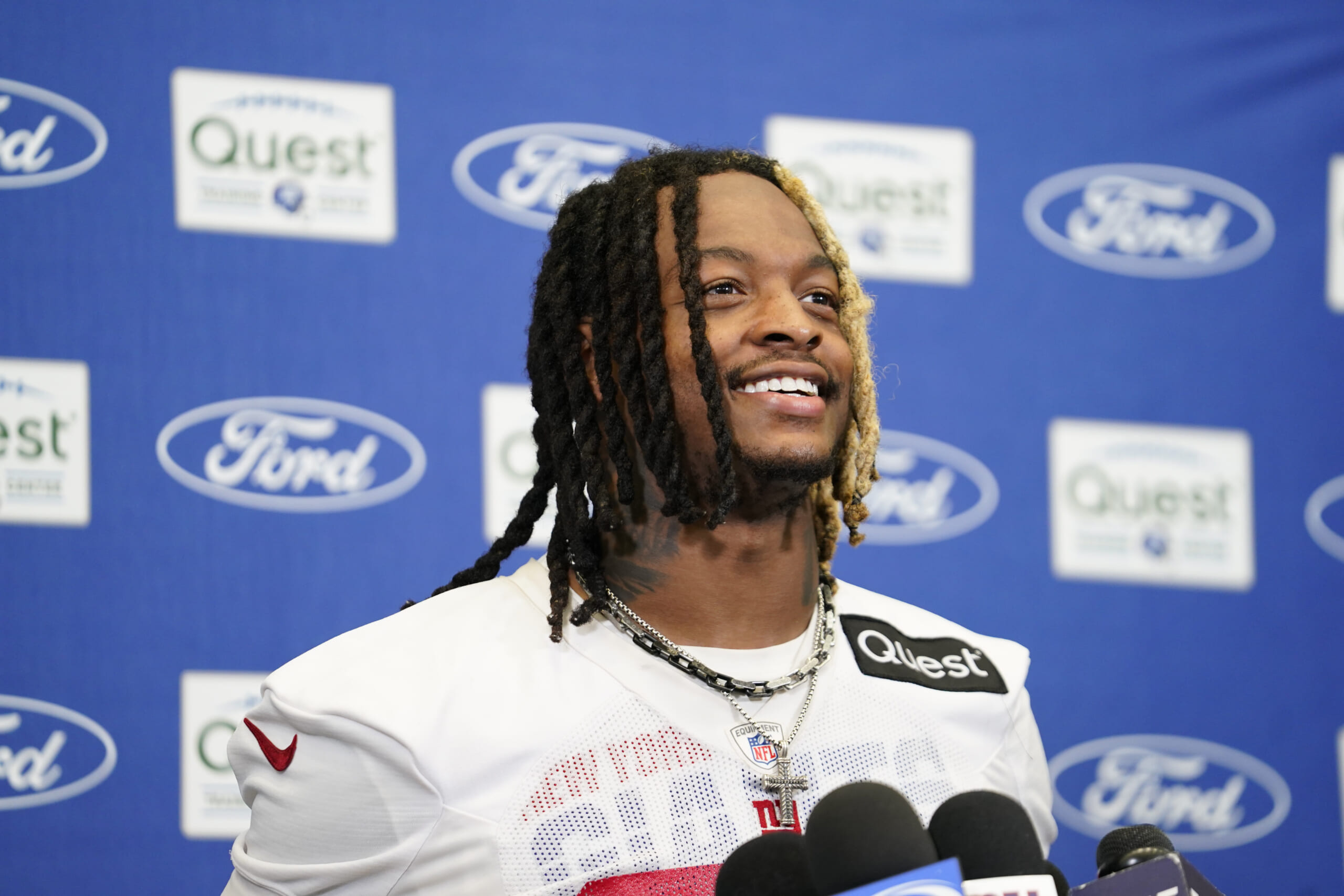 New York Giants safety Xavier McKinney (29) speaks during a press conference after the first day of training camp at Quest Diagnostics Training Facility