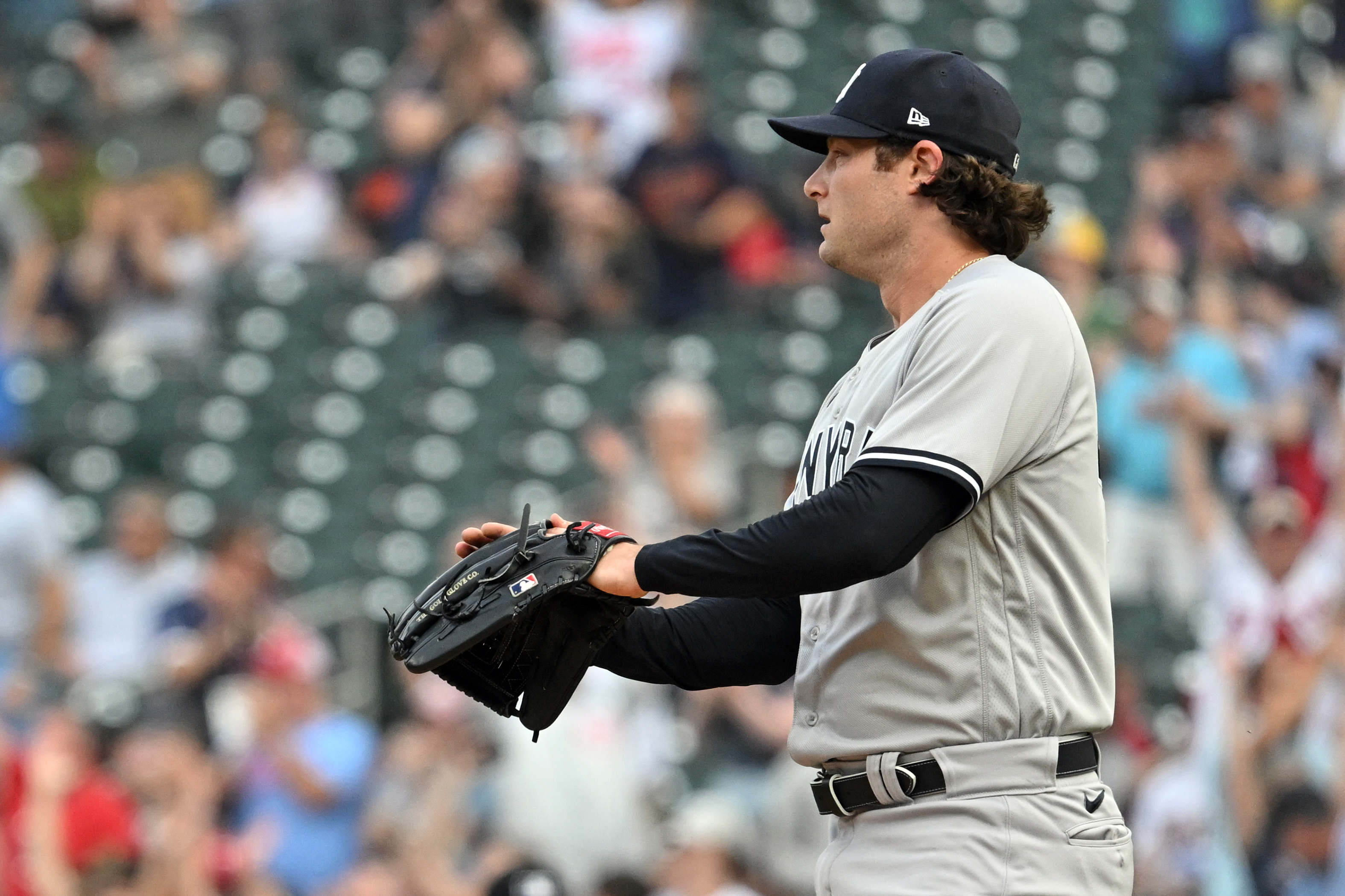 New York Yankees - Gerrit Cole with his glove, looking ahead. New