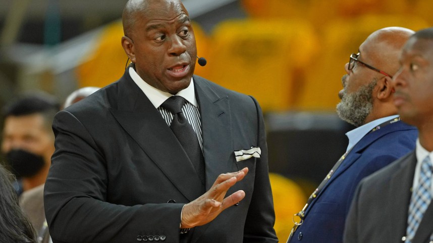 ESPN analyst Magic Johnson before game one of the 2022 NBA Finals between the Golden State Warriors and the Boston Celtics at Chase Center (Knicks)