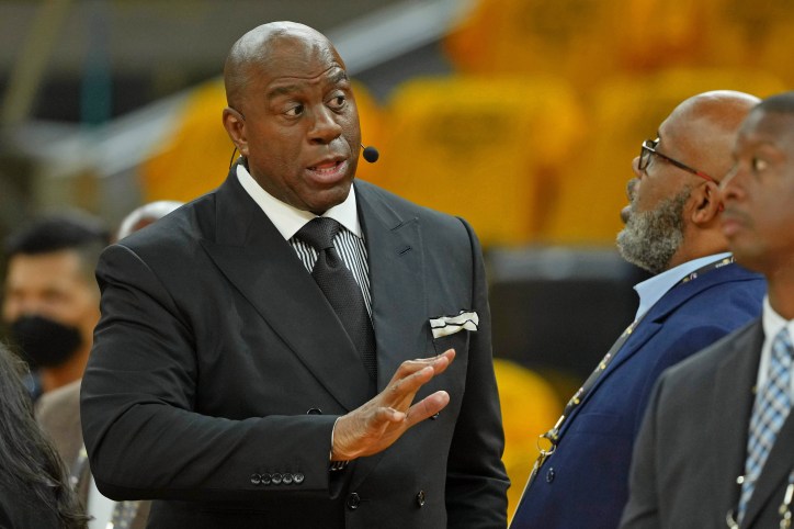 ESPN analyst Magic Johnson before game one of the 2022 NBA Finals between the Golden State Warriors and the Boston Celtics at Chase Center (Knicks)