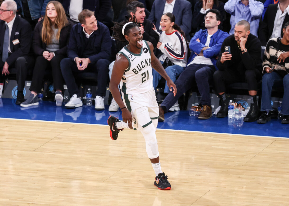 Milwaukee Bucks guard Jrue Holiday (21) celebrates a basket during the fourth quarter against the New York Knicks at Madison Square Garden
