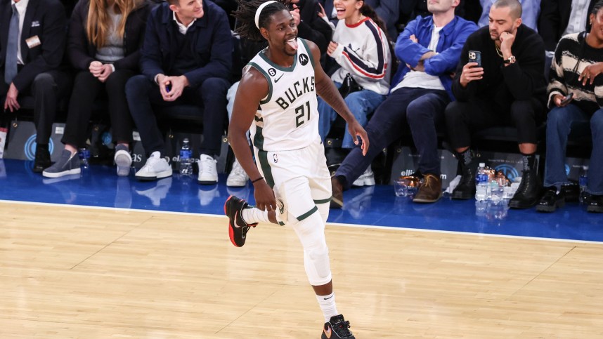 Milwaukee Bucks guard Jrue Holiday (21) celebrates a basket during the fourth quarter against the New York Knicks at Madison Square Garden
