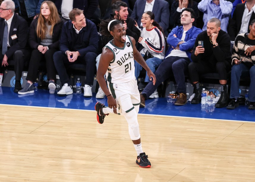 Milwaukee Bucks guard Jrue Holiday (21) celebrates a basket during the fourth quarter against the New York Knicks at Madison Square Garden