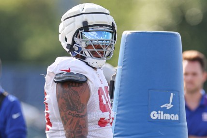 New York Giants defensive end Leonard Williams (99) looks on during training camp at the Quest Diagnostics Training Facility