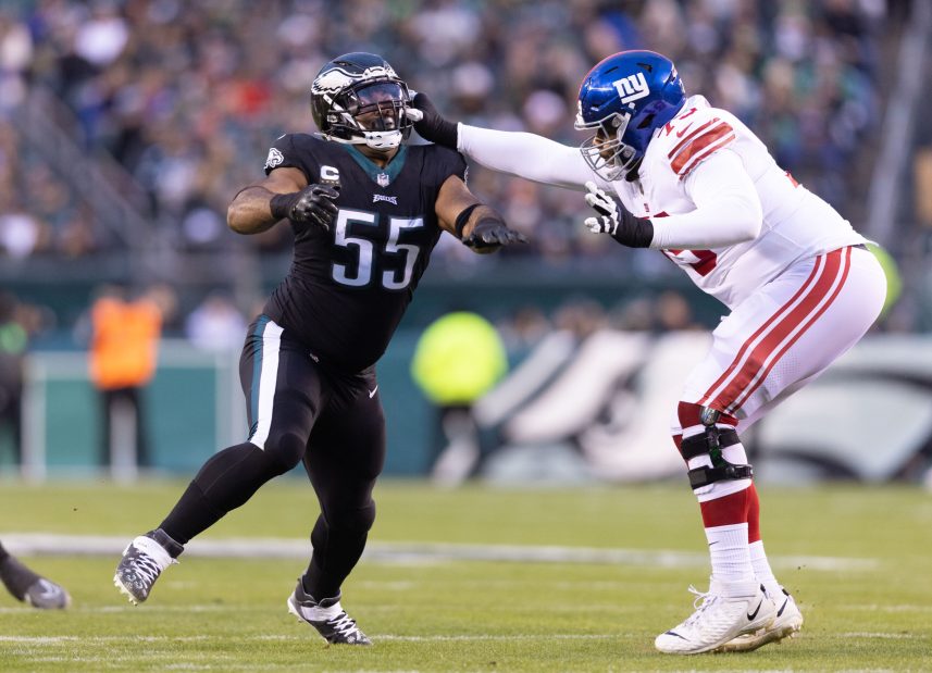 Philadelphia Eagles defensive end Brandon Graham (55) and New York Giants guard Joshua Ezeudu (75) in action during the first quarter at Lincoln Financial Field
