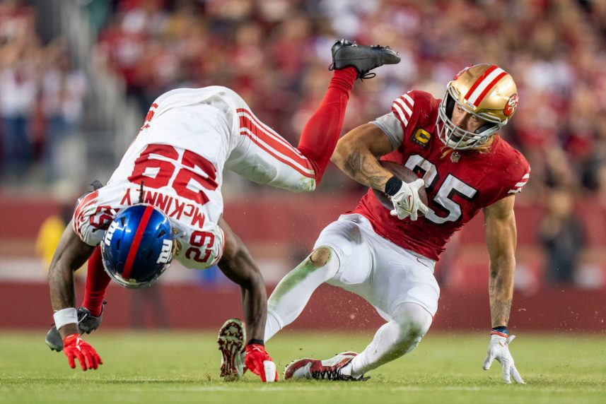 San Francisco 49ers tight end George Kittle (85) is tackled by New York Giants safety Xavier McKinney (29) during the third quarter at Levi's Stadium