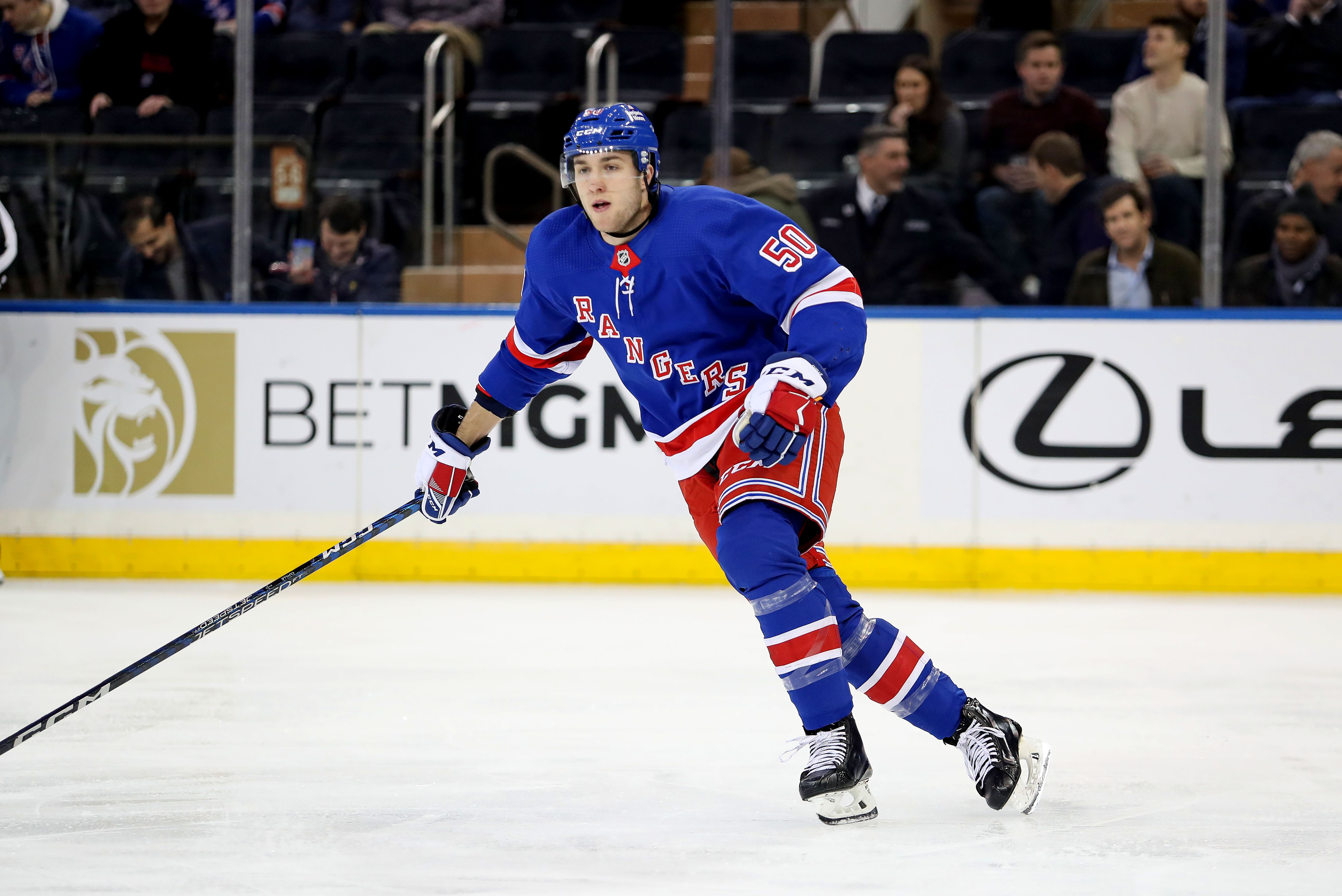 New York Rangers left wing Will Cuylle (50) skates up ice against the Calgary Flames during the third period at Madison Square Garden