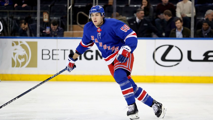 New York Rangers left wing Will Cuylle (50) skates up ice against the Calgary Flames during the third period at Madison Square Garden