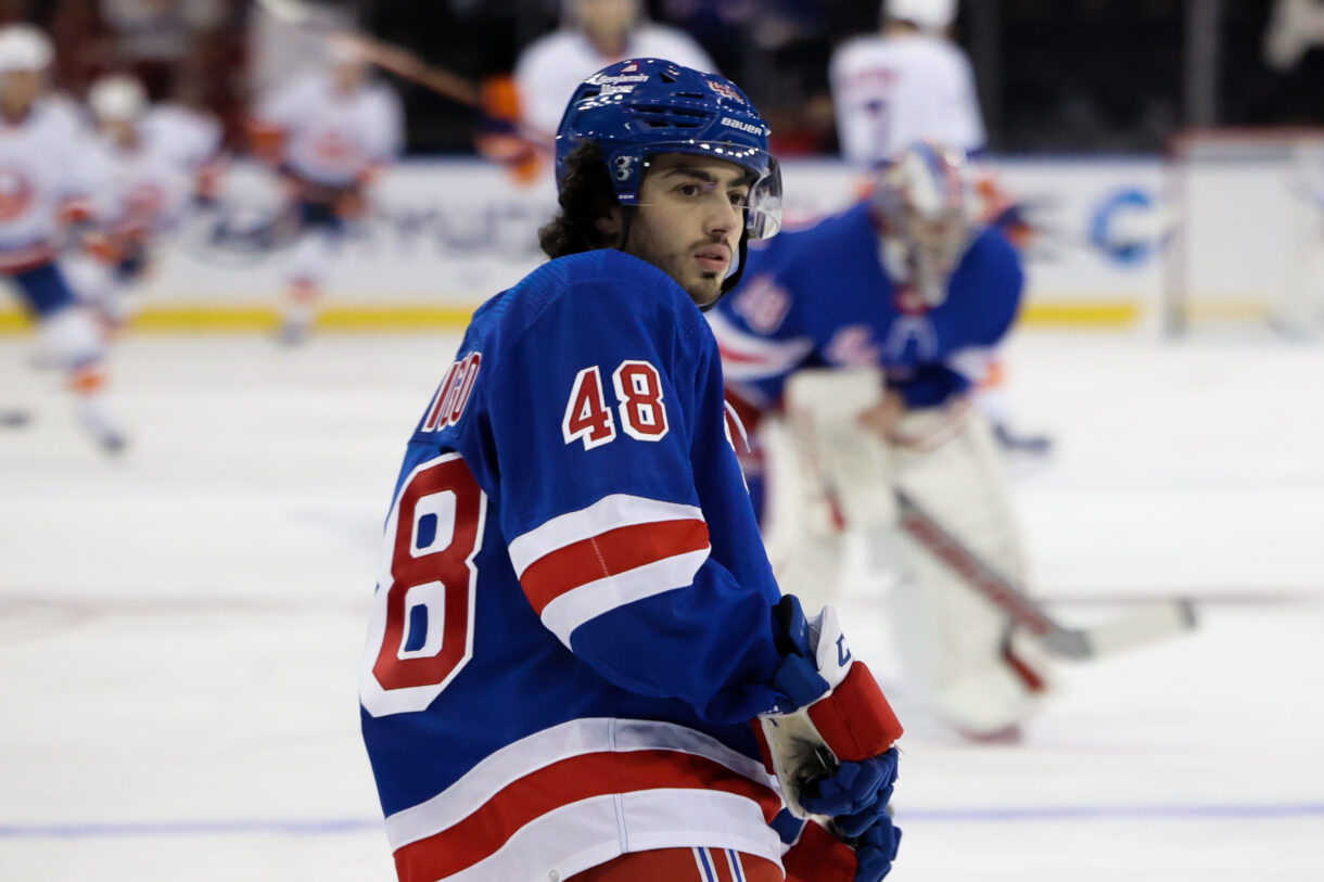 New York Rangers left wing Bobby Trivigno (48) skates during warmups before a game against the New York Islanders at Madison Square Garden