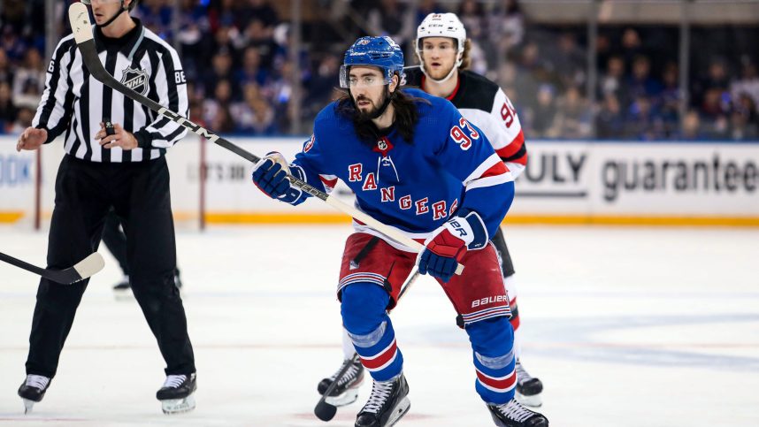 New York Rangers center Mika Zibanejad (93) skates after winning a face-off against New Jersey Devils center Dawson Mercer (91) during the third period in game six of the first round of the 2023 Stanley Cup Playoffs at Madison Square Garden