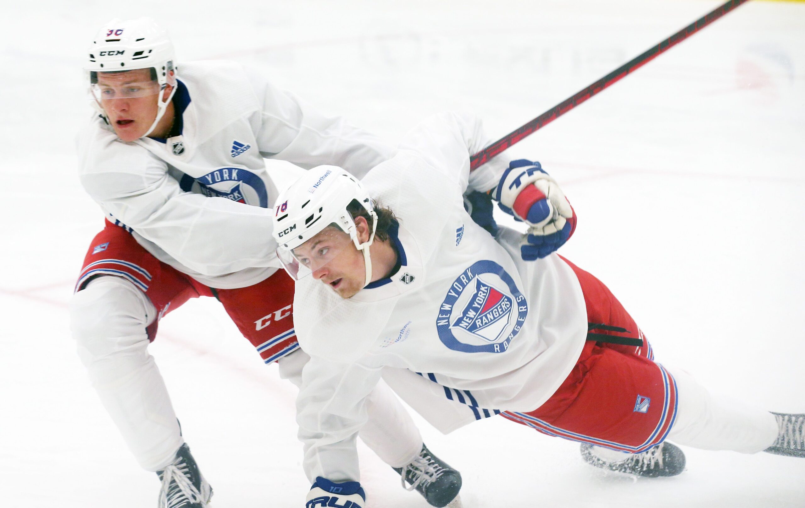 From left, Adam Sykora and Brennan Othmann take part in the Rangers Prospect Development Camp at the Rangers Training facility in Tarrytown July 12, 2022