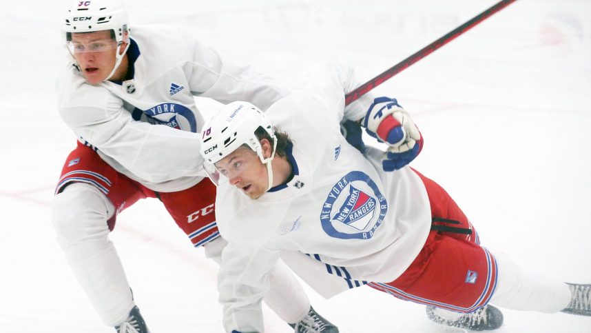 From left, Adam Sykora and Brennan Othmann take part in the Rangers Prospect Development Camp at the Rangers Training facility in Tarrytown July 12, 2022