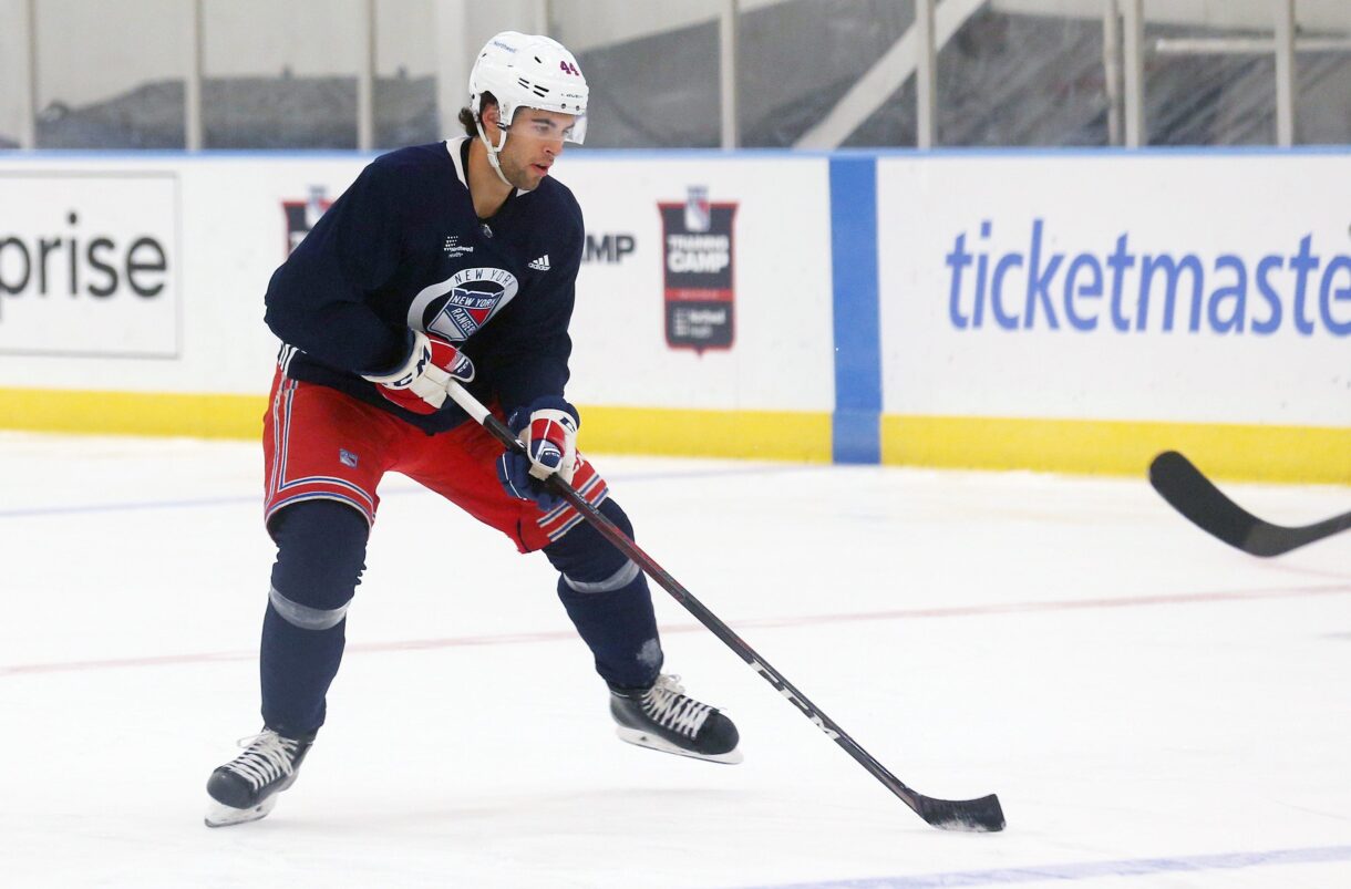 Matthew Robertson takes part in the Rangers Prospect Development Camp at the New York Rangers Training facility in Tarrytown July 12, 2022