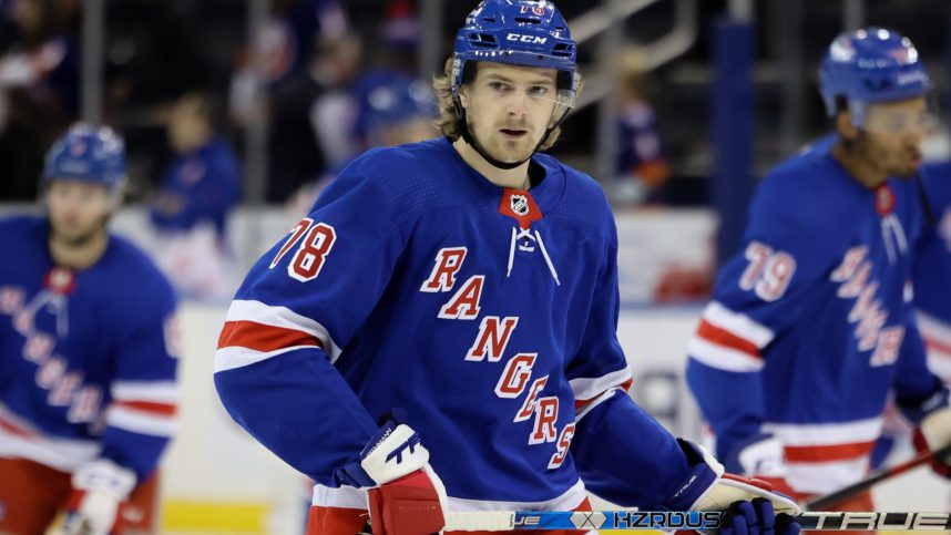 New York Rangers left wing Brennan Othmann (78) looks out during warmups before a game against the New York Islanders at Madison Square Garden