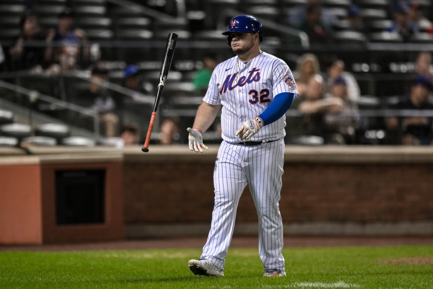 New York Mets designated hitter Daniel Vogelbach (32) reacts after striking out against the Arizona Diamondbacks during the ninth inning at Citi Field