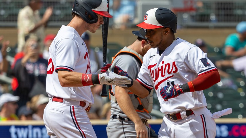 Aug 16, 2023; Minneapolis, Minnesota, USA; Minnesota Twins designated hitter Jorge Polanco (11) celebrates with right fielder Max Kepler (26) after hitting a two run home run against the Detroit Tigers in the ninth inning at Target Field. Mandatory Credit: Jesse Johnson-USA TODAY Sports (Yankees)