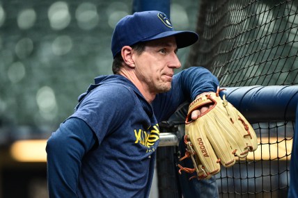 Milwaukee Brewers manager Craig Counsell watches batting practice before game against the New York Mets at American Family Field