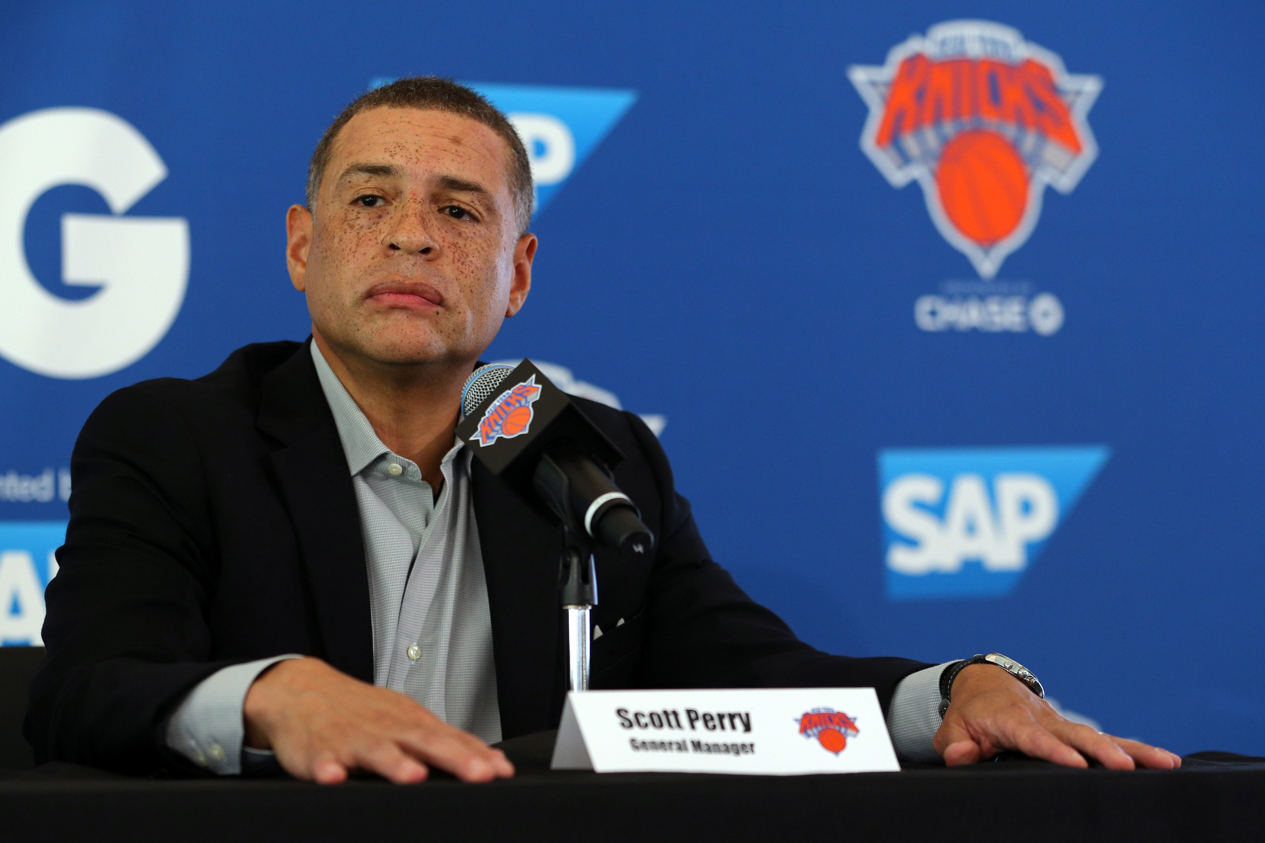 New York Knicks general manager Scott Perry speaks to the media on media day at MSG Training Center