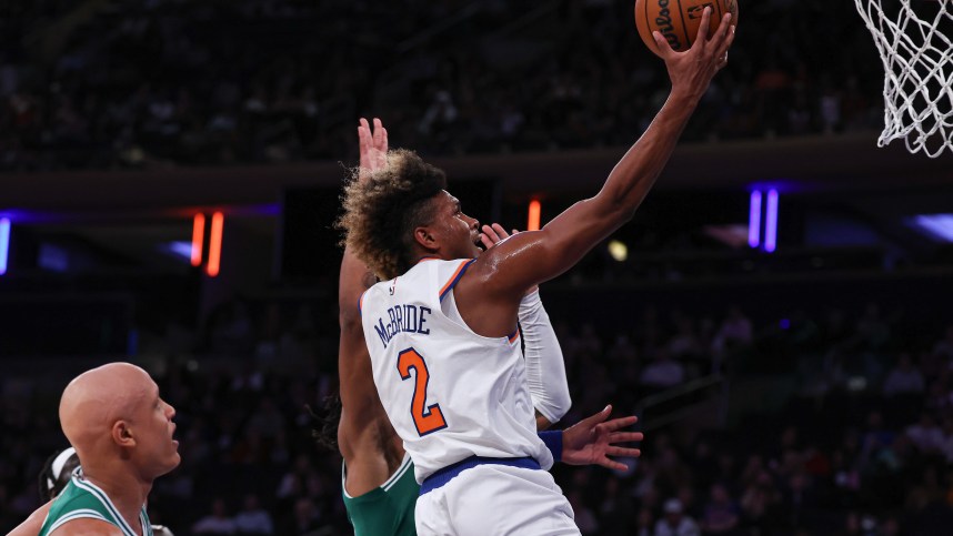 New York Knicks guard Miles McBride (2) drives to the basket during the second half against the Boston Celtics at Madison Square Garden