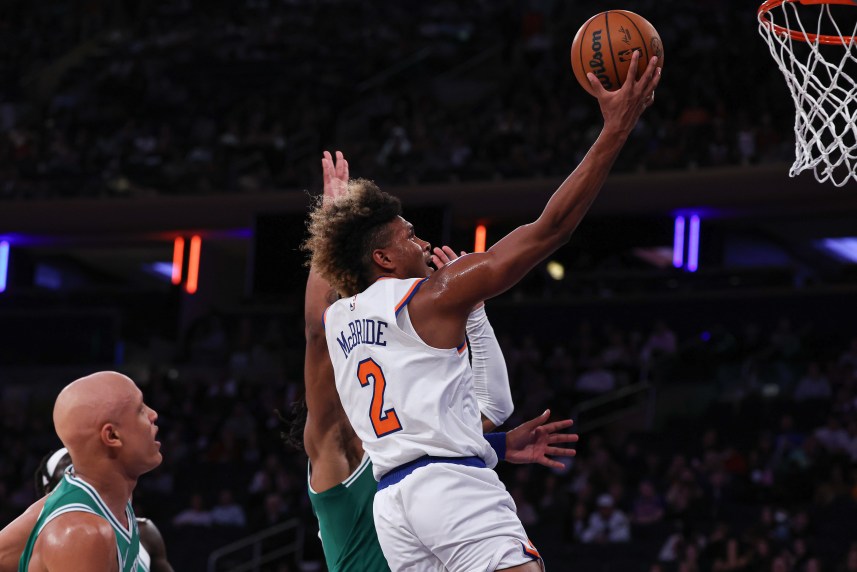 New York Knicks guard Miles McBride (2) drives to the basket during the second half against the Boston Celtics at Madison Square Garden