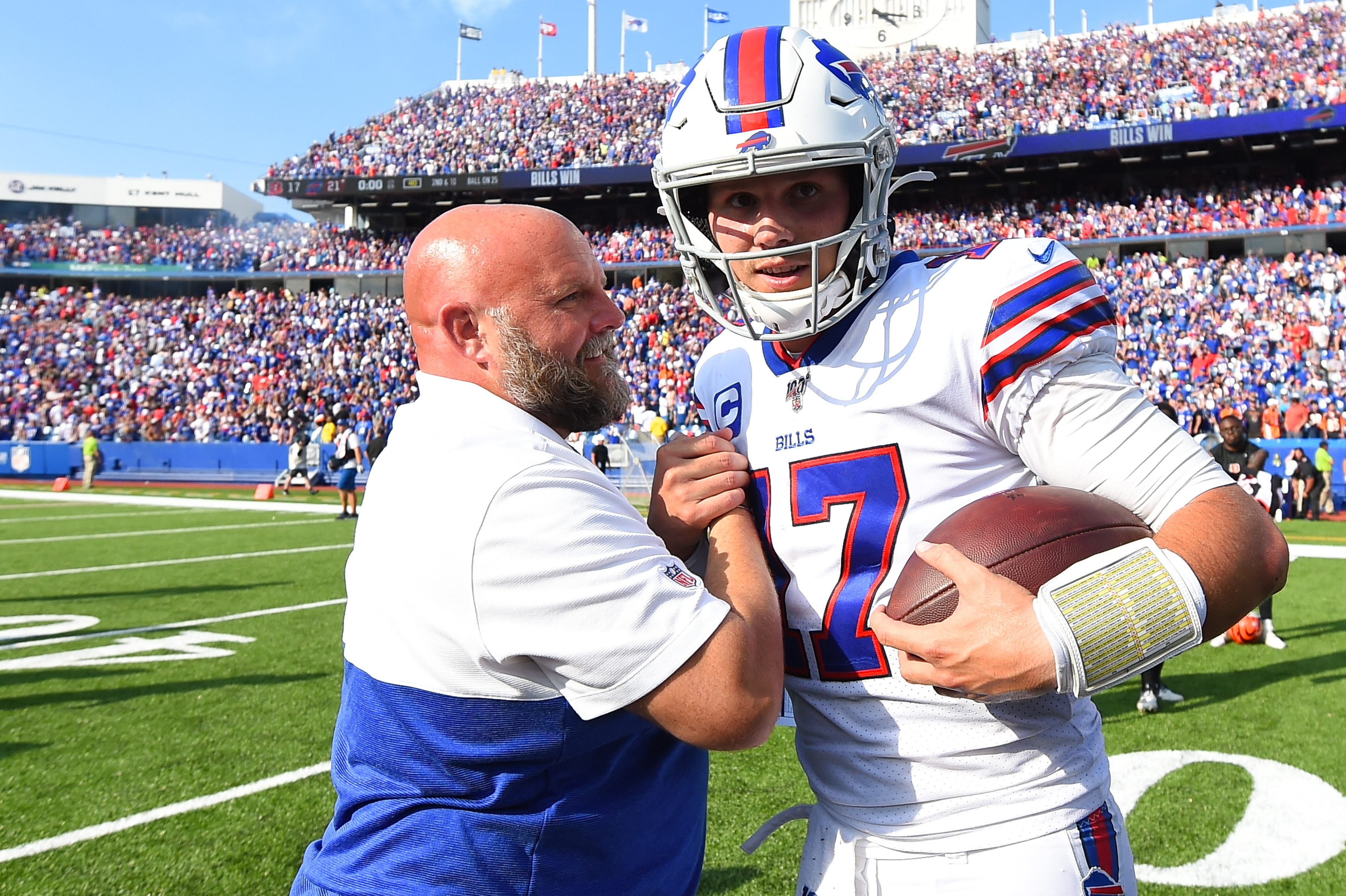 Buffalo Bills quarterback Josh Allen (17) greets offensive coordinator (New York Giants) Brian Daboll following the game against the Cincinnati Bengals at New Era Field