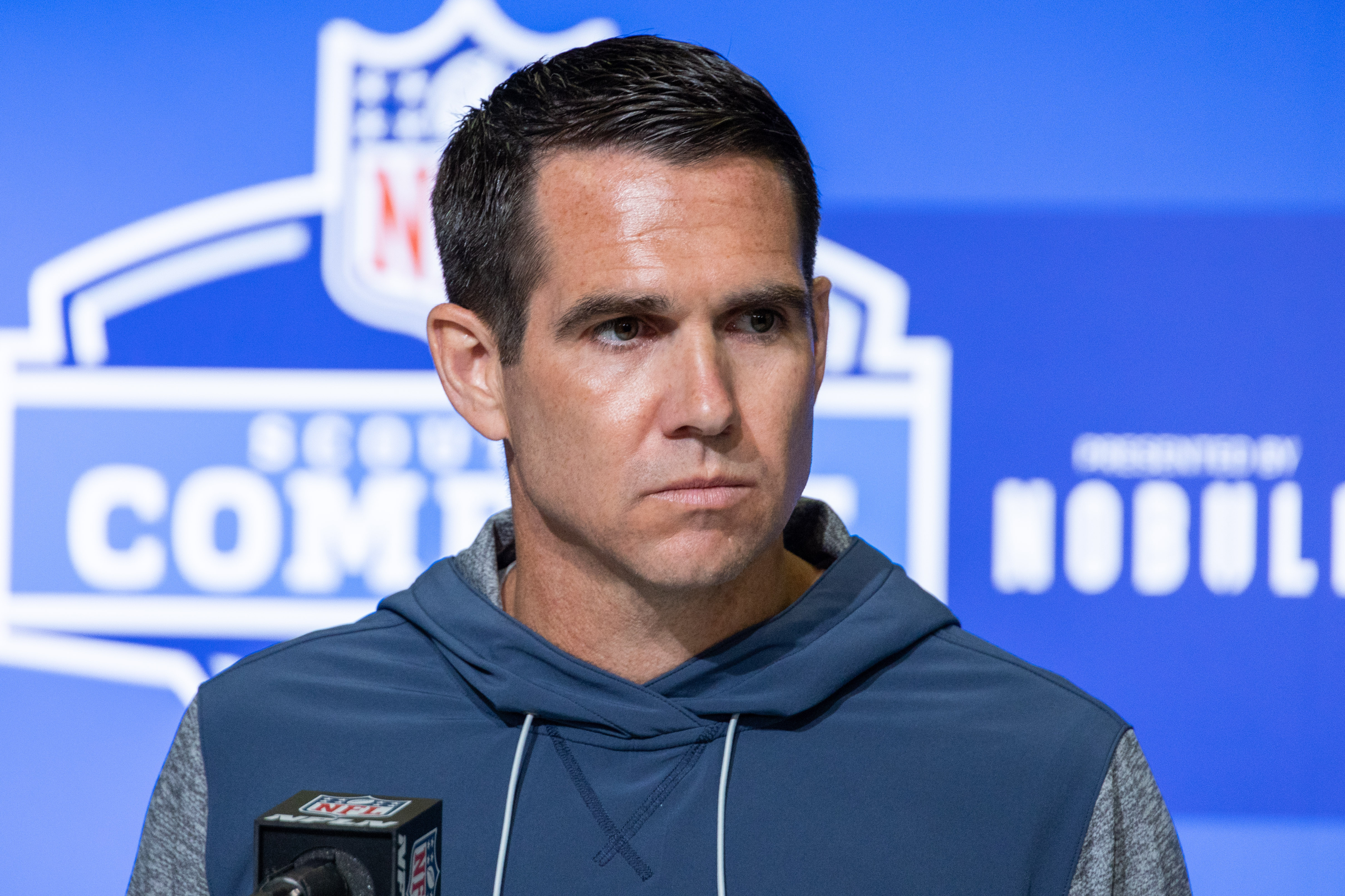 New York Giants general manager Joe Schoen speaks to the press at the NFL Combine at Lucas Oil Stadium