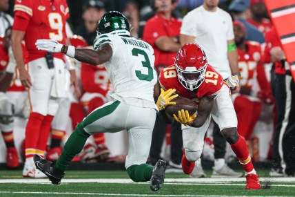 Kansas City Chiefs wide receiver Kadarius Toney (19) catches the ball as New York Jets safety Jordan Whitehead (3) defends during the first half at MetLife Stadium