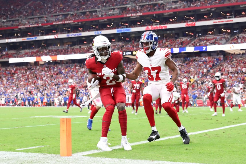 Arizona Cardinals wide receiver Marquise Brown (2) catches a touchdown pass against New York Giants cornerback Tre Hawkins III (37) during the second half at State Farm Stadium