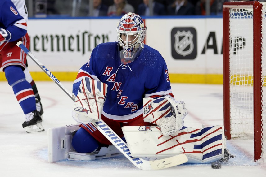 New York Rangers goaltender Igor Shesterkin (31) makes a save against the Arizona Coyotes during the first period at Madison Square Garden
