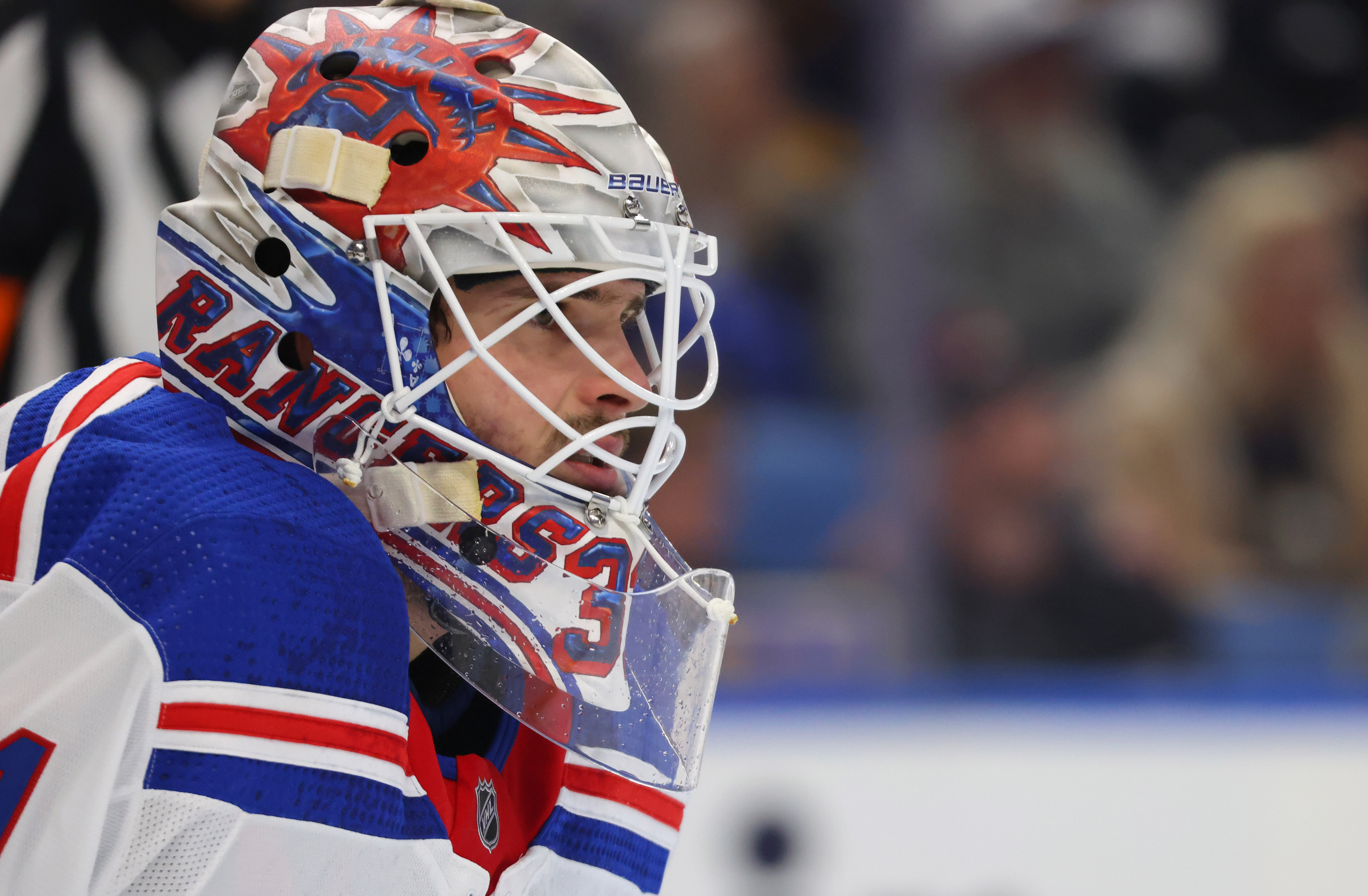 New York Rangers goaltender Igor Shesterkin (31) looks for the puck during the first period against the Buffalo Sabres at KeyBank Center