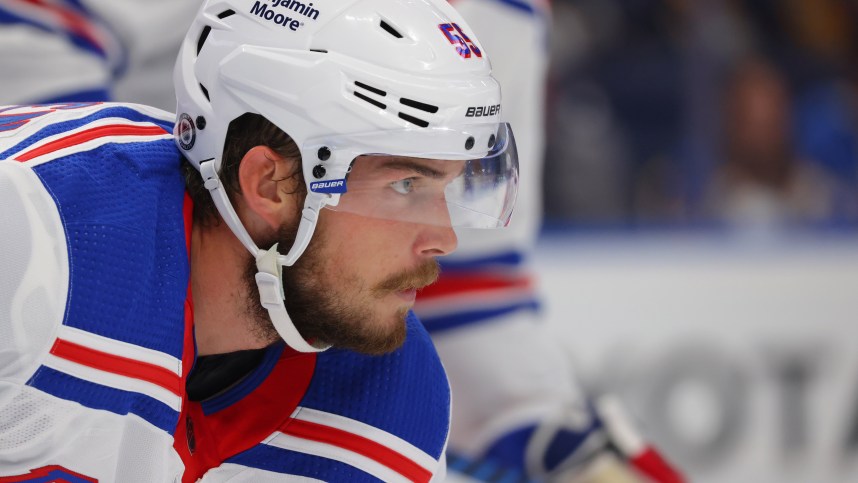 New York Rangers defenseman Ryan Lindgren (55) waits for the face-off during the third period against the Buffalo Sabres