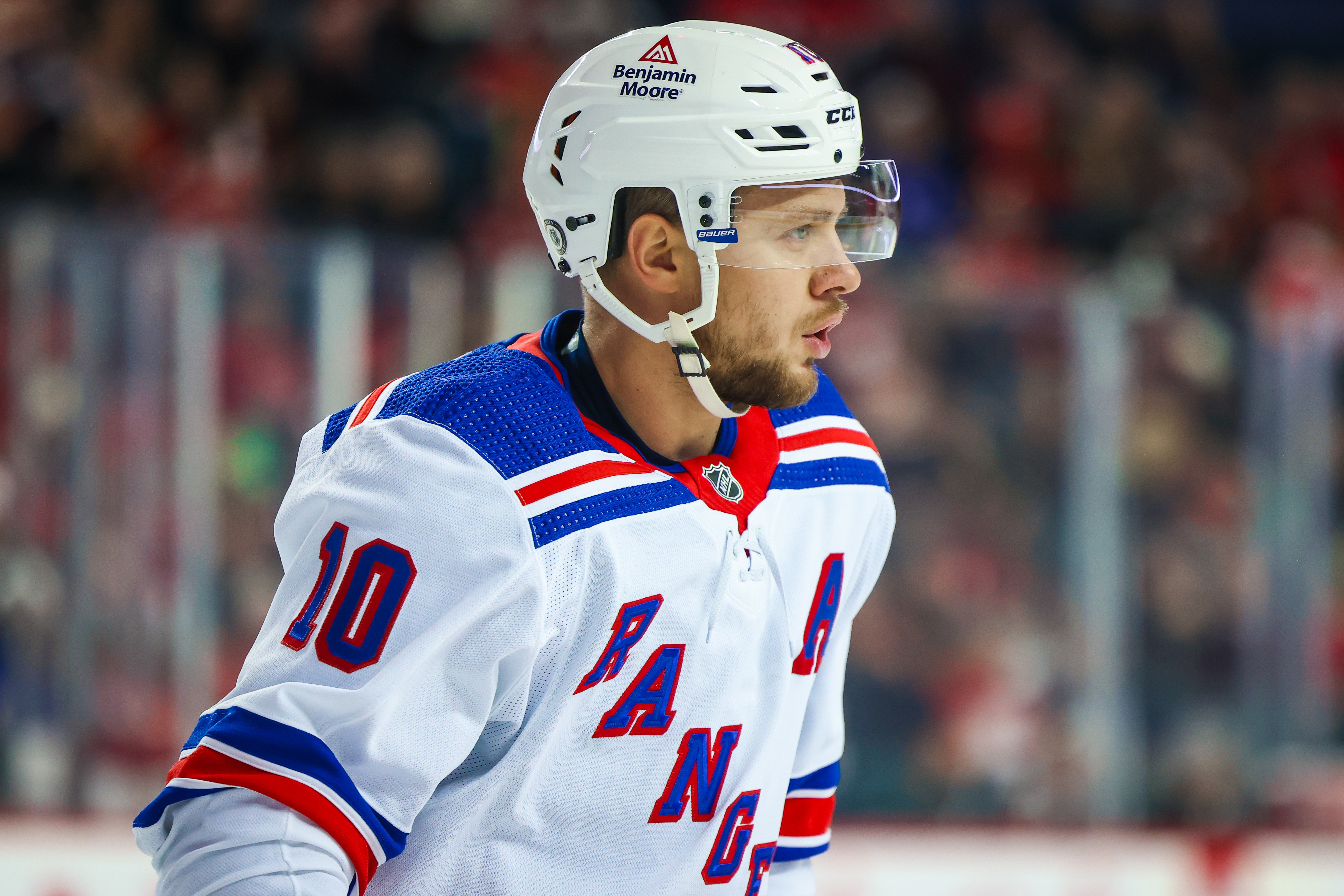 New York Rangers left wing Artemi Panarin (10) during the first period against the Calgary Flames at Scotiabank Saddledome