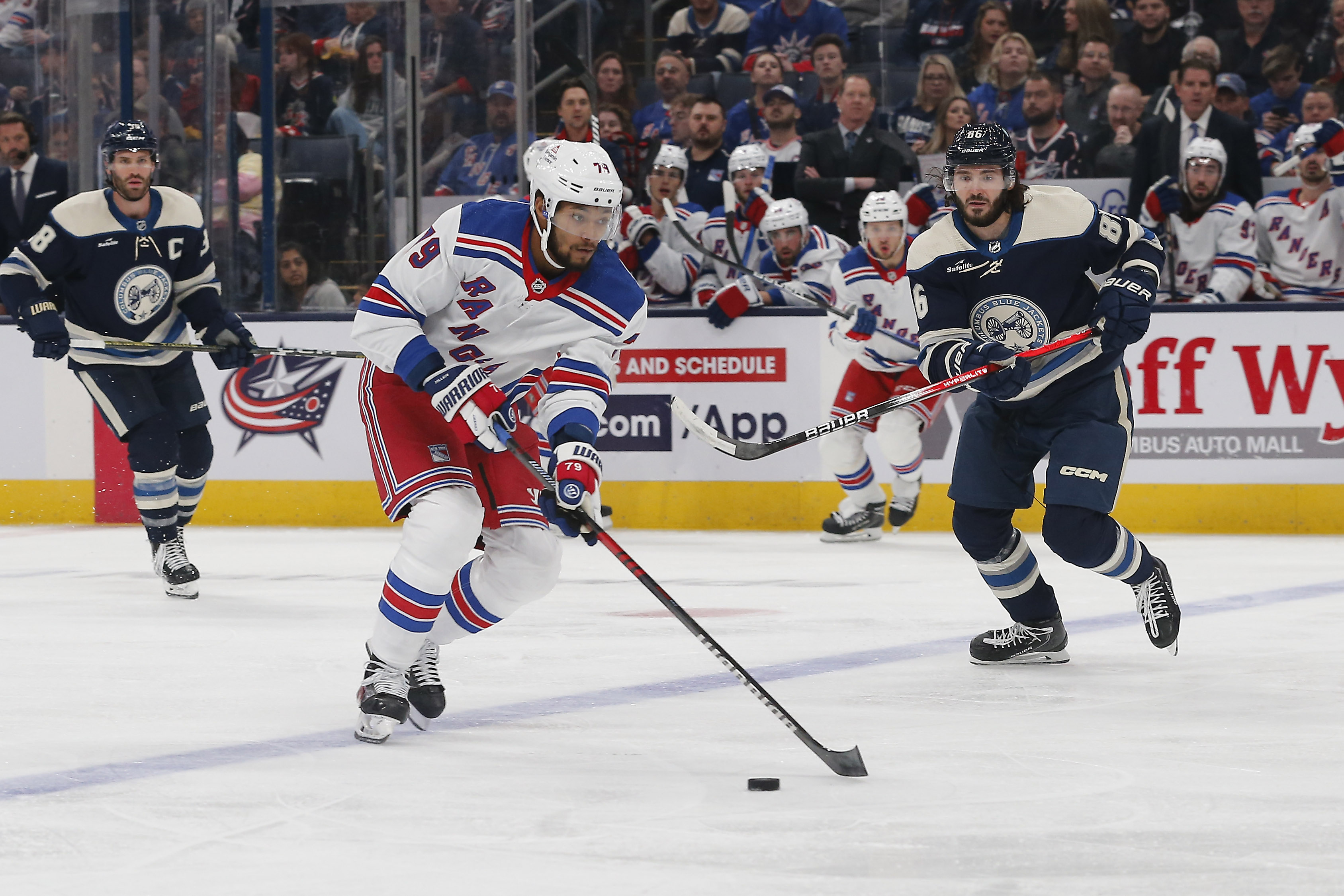 New York Rangers defenseman K'Andre Miller (79) looks to pass against the Columbus Blue Jackets during the second period at Nationwide Arena