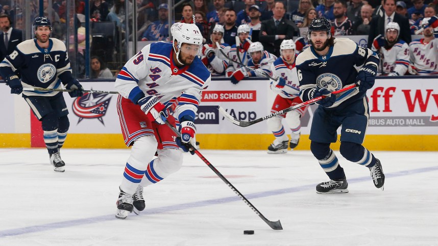 New York Rangers defenseman K'Andre Miller (79) looks to pass against the Columbus Blue Jackets during the second period at Nationwide Arena