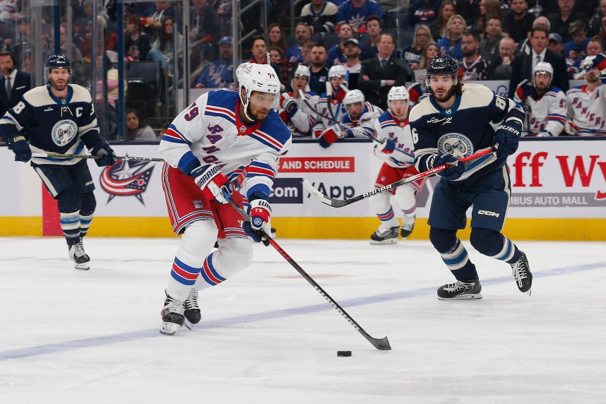 New York Rangers defenseman K'Andre Miller (79) looks to pass against the Columbus Blue Jackets during the second period at Nationwide Arena