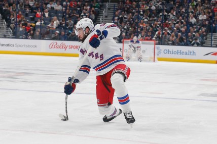 New York Rangers center Mika Zibanejad (93) takes a slap shot against the Columbus Blue Jackets during the third period at Nationwide Arena