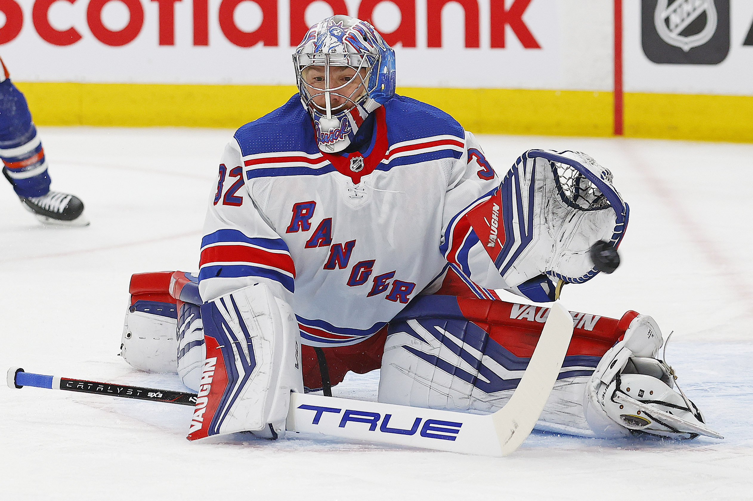 New York Rangers goaltender Jonathan Quick (32) makes a save on a shot by Edmonton Oilers forward Ryan Nugent-Hopkins (93) (not shown) during the first period at Rogers Place