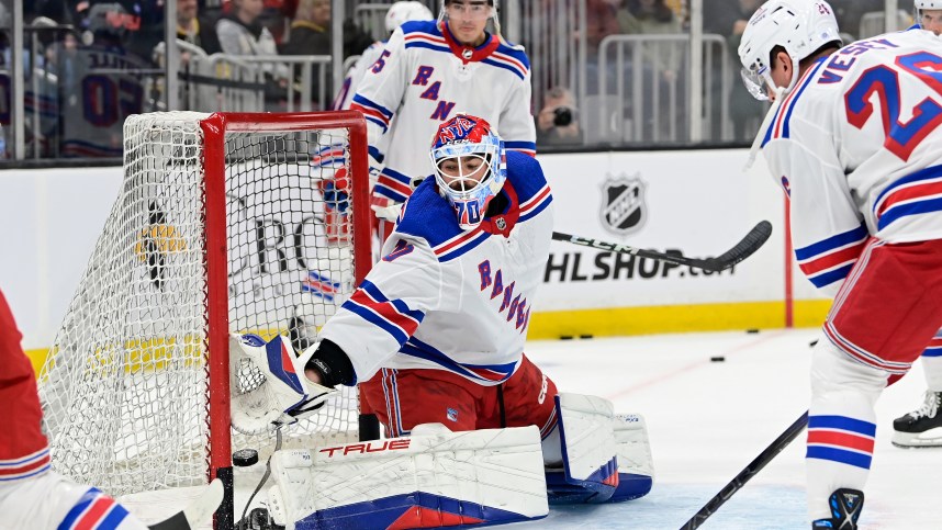 New York Rangers goalie Louis Domingue (70) warms-up prior to the game against Boston Bruins at TD Garden