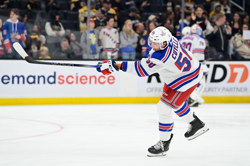 New York Rangers left wing Will Cuylle (50) skates in warm-ups prior to the game against the Boston Bruins at TD Garden