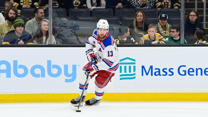 New York Rangers left wing Alexis Lafreniere (13) during the first period against the Boston Bruins at TD Garden