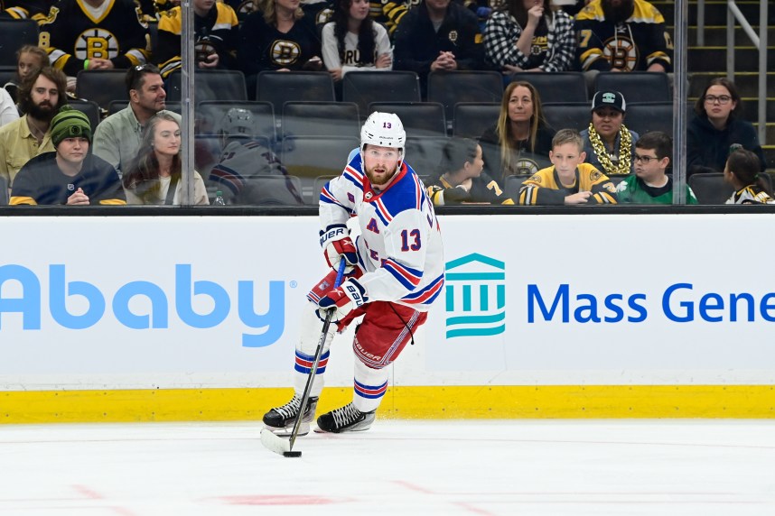 New York Rangers left wing Alexis Lafreniere (13) during the first period against the Boston Bruins at TD Garden