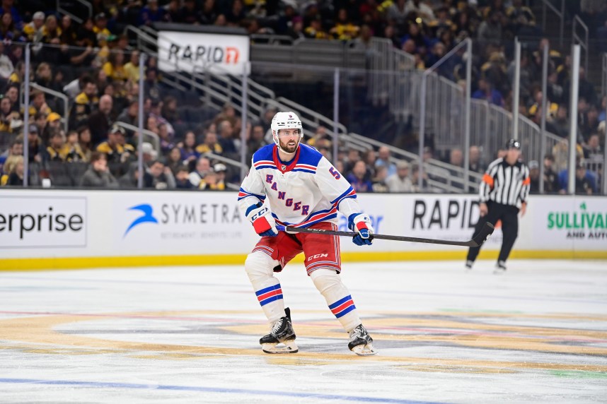 New York Rangers defenseman Ben Harpur (5) skates against the Boston Bruins during the third period at TD Garden