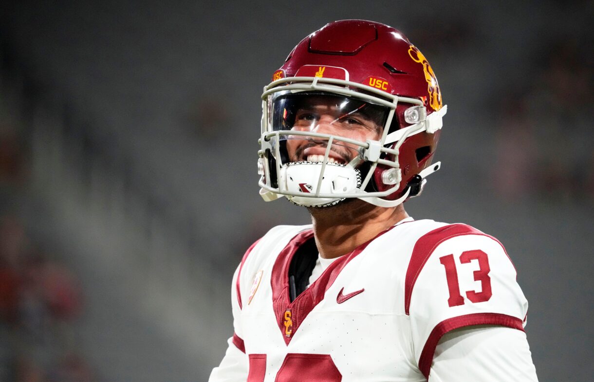 USC Trojans quarterback Caleb Williams (New York Giants prospect) (13) during the pregame warmup before playing the Arizona State Sun Devils at Mountain America Stadium