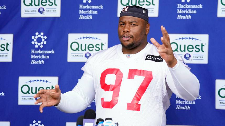 New York Giants defensive lineman Dexter Lawrence talks to reporters after the first day of mandatory minicamp at the Giants training center in East Rutherford