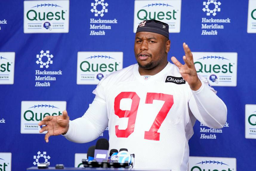 New York Giants defensive lineman Dexter Lawrence talks to reporters after the first day of mandatory minicamp at the Giants training center in East Rutherford