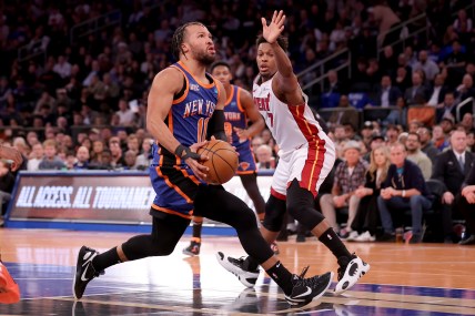 New York Knicks guard Jalen Brunson (11) drives to the basket against Miami Heat guard Kyle Lowry (7) during the third quarter at Madison Square Garden